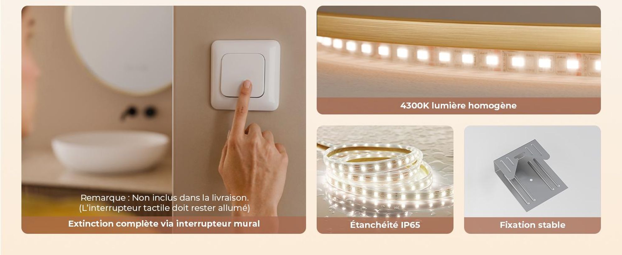 S'AFIELINA miroir salle de bain LED 60 cm rond, tactile, anti-buée, variateur, horloge, température, mémoire, bordure dorée.
