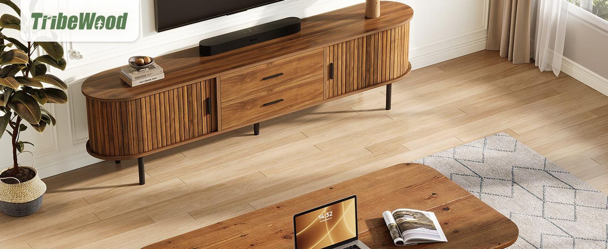 Couchtisch, 120 cm Beistelltisch, Massivholz Wohnzimmertisch, Sofatisch mit Stauraum,  für Zuhause, Wohnung, Büro, braun