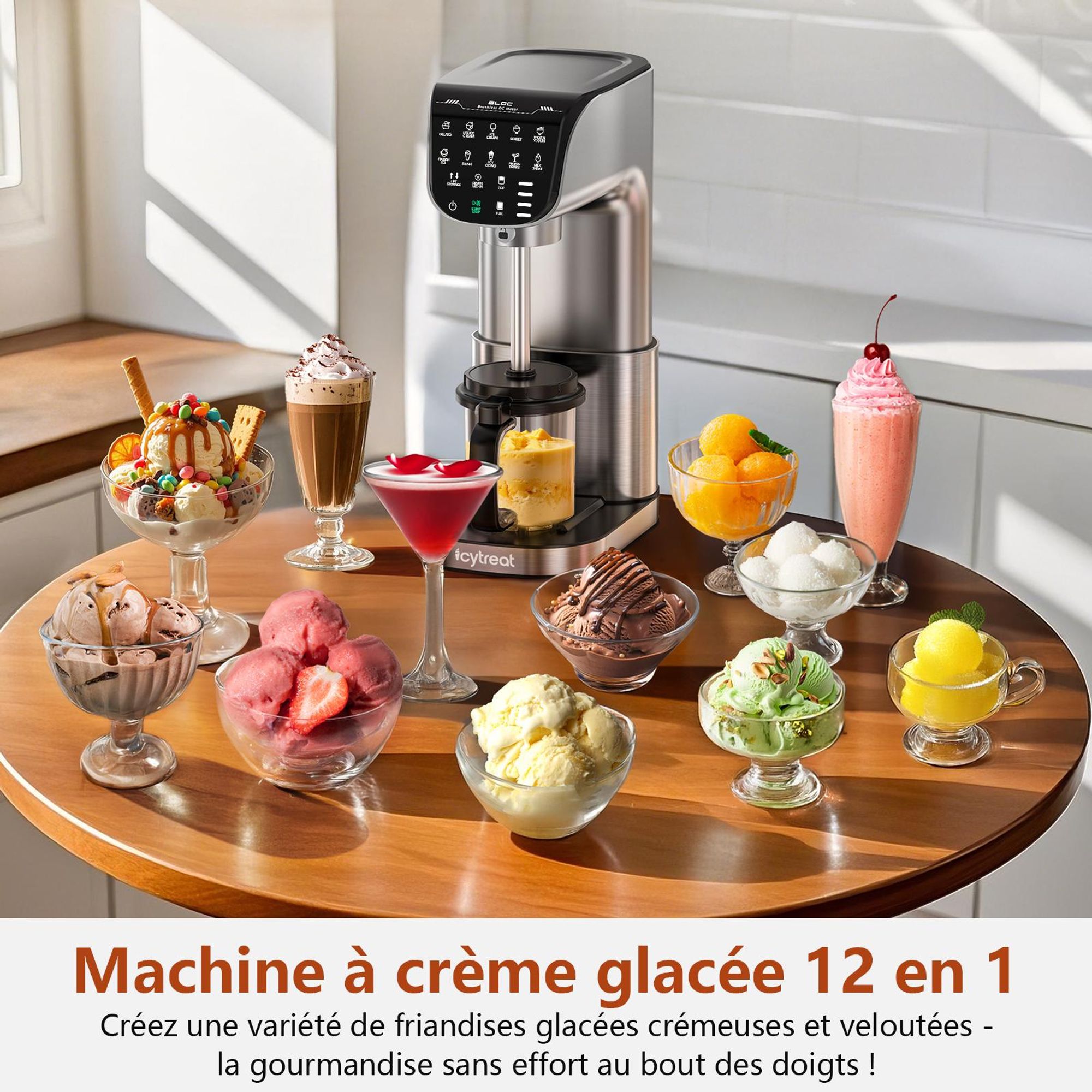 IcyTreat IC-1010 EU Sorbetière 12 en 1 - e CE Puissance 500 W Capacité 568 ml Inclus 3 récipients à glace en Tritan - Argent