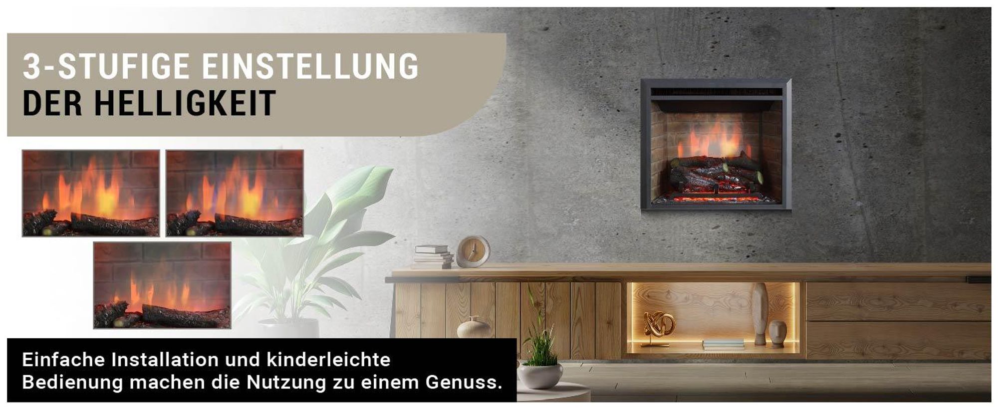 RICHEN EF42C Elektro-Kamin, Wandgerät, 2000 Watt, 2 Heizstufen, Echtfeuereffekt, Thermostat
