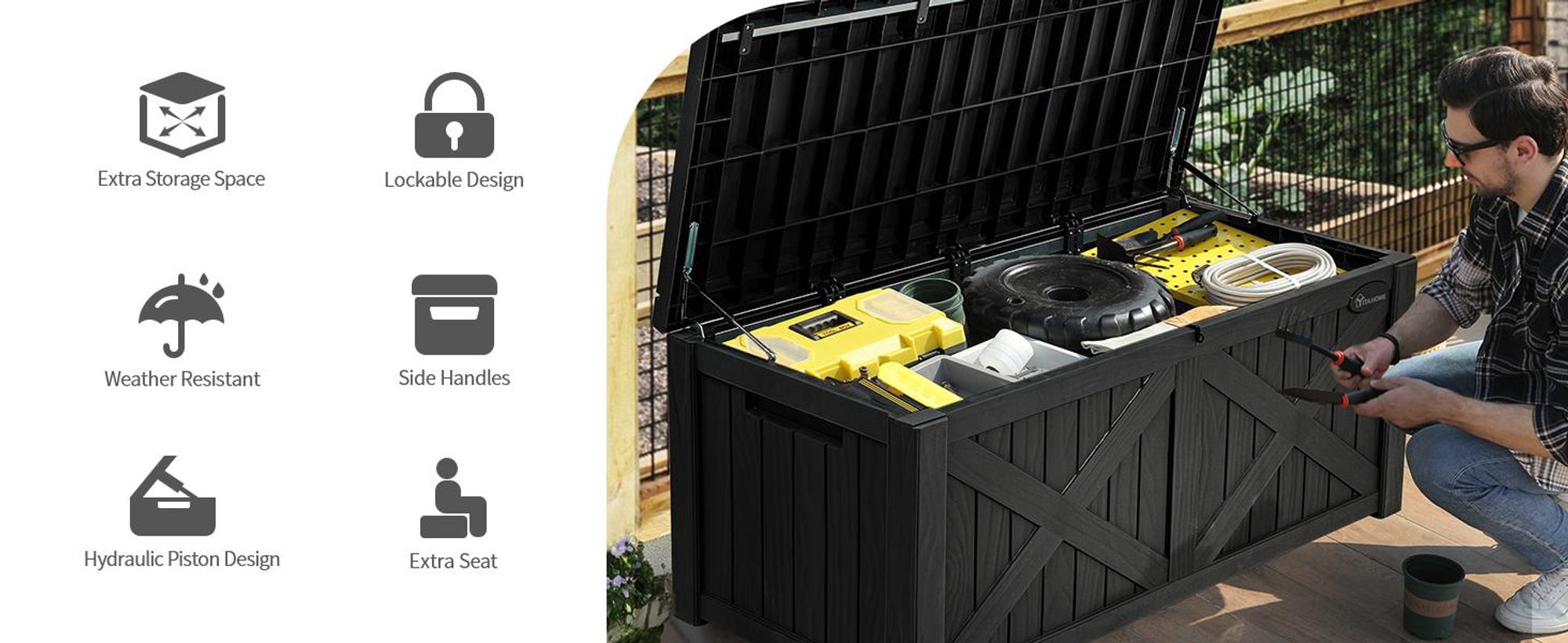 YITAHOME Aufbewahrungsbank 450L, Auflagenbox, Gartenbox mit Deckel, Wetterfeste Outdoor-Sitzbank, Schwarz