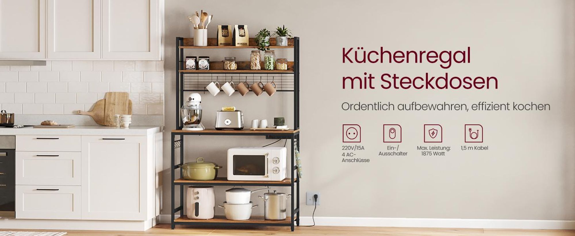 VASAGLE Küchenregal, Standregal mit Steckdosen, Gitterplatte, 14 Haken, 40 x 100 x 170 cm