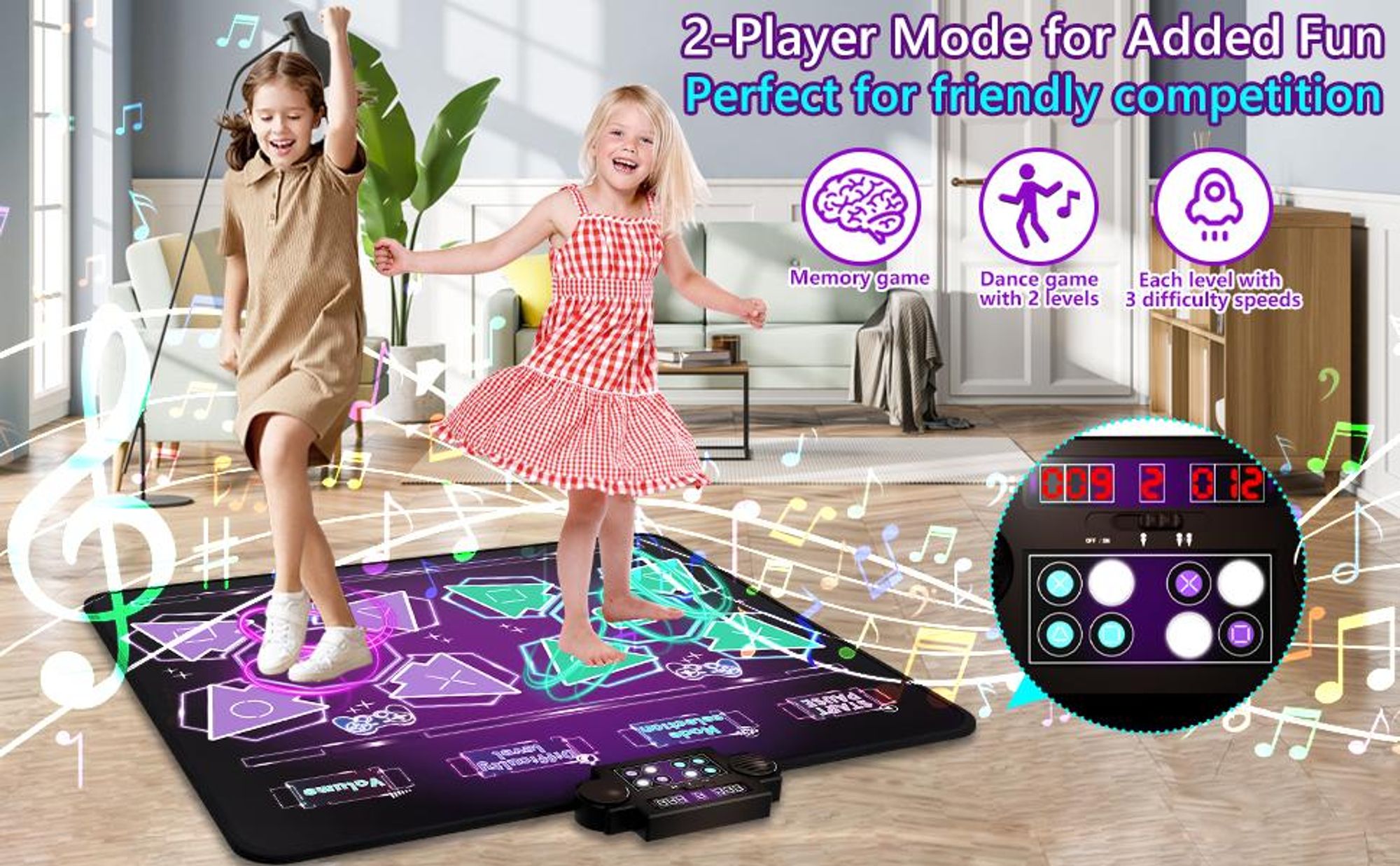 Tanzmatte, Musikmatte, Doppelt Tanzteppich, 8-Tasten-Rhythmus-Step-Spielmatte, 3 Geschwindigkeiten, 8 Spielmodi, elektronisches Tanzpad mit LED