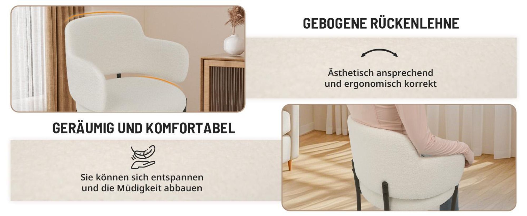 Puluomis Esszimmerstühle 4er Set Küchenstühle Küchenstühle Polsterstuhl mit gebogene Rücklehne und Armlehne, Boucle weiß