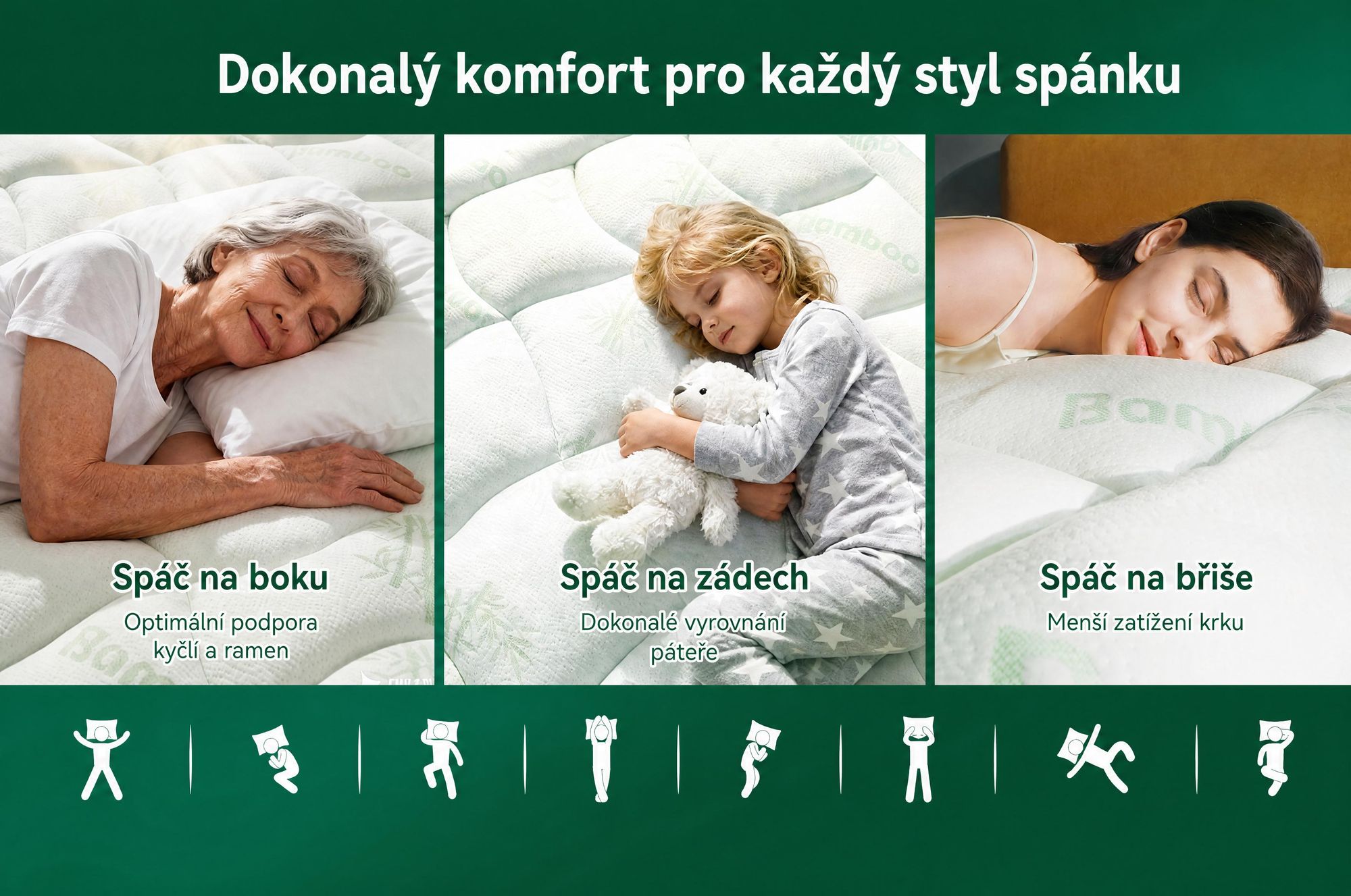 NicePlus, vrchní matrace 2 v 1, 90x200x7 cm, pěna s paměťovou vlastností (5 zón) + vrchní vrstva z bambusu, s gumovými rohy pro všechny typy matrací, tvrdost H2/H3, zelená barva