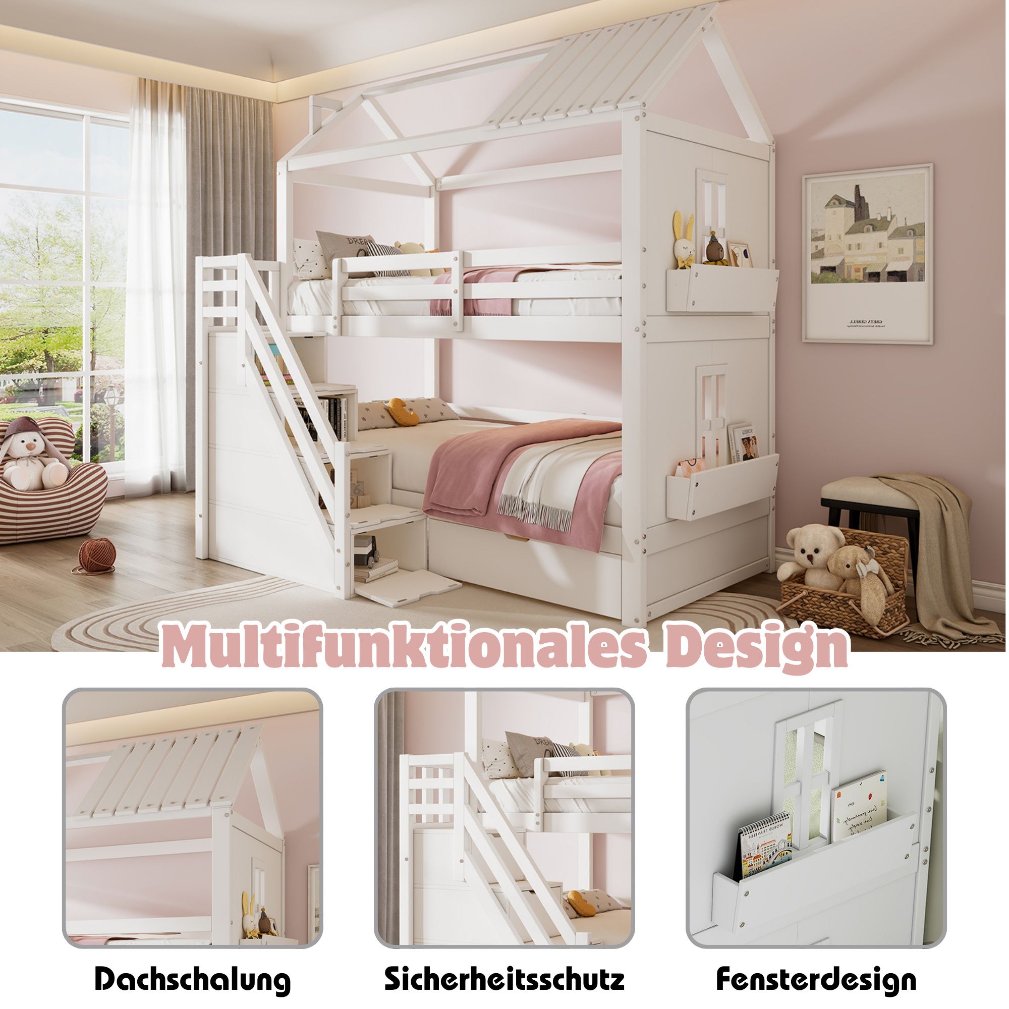 Flieks Etagenbett 90x200cm mit Schubladen, Kinderbett Hausbett mit Rausfallschutz, Hochbett mit Treppe und Ablagen, Stockbett Einzelbett, Weiß