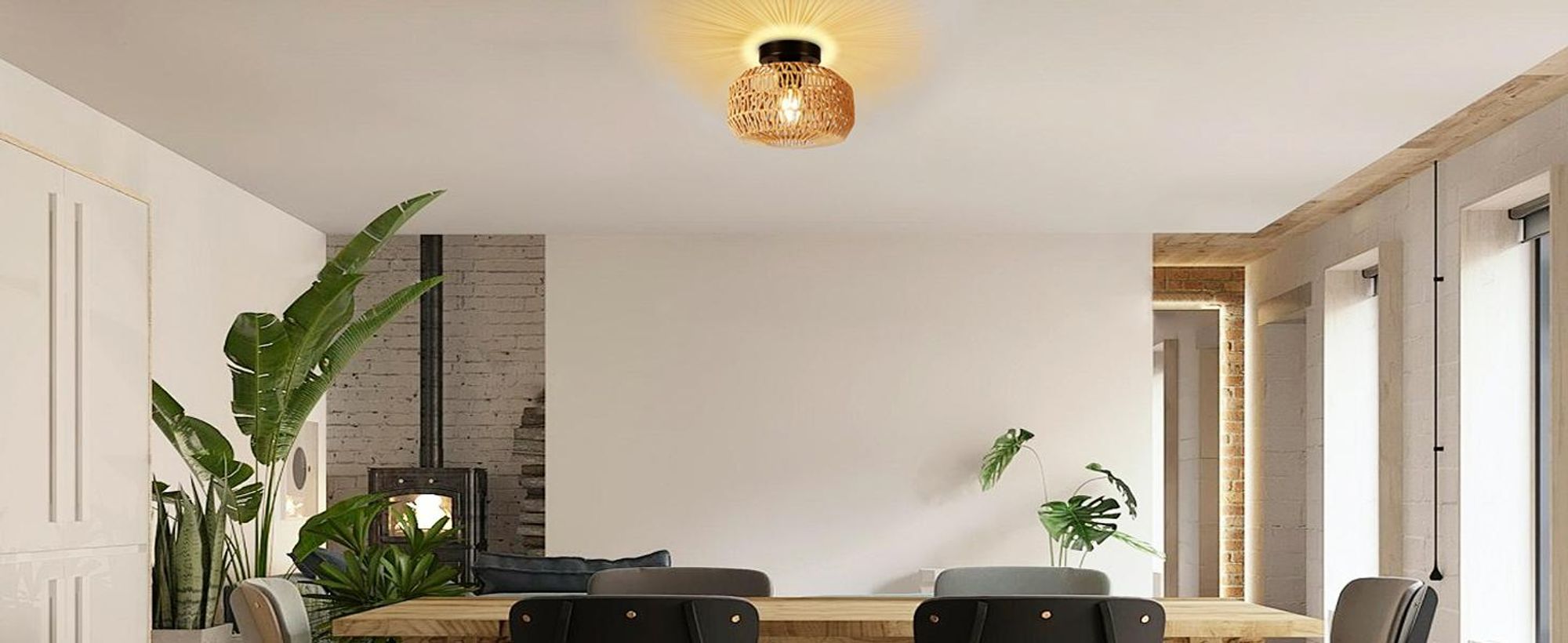 Deckenlampe Boho Vintage Deckenleuchte E27 Pendelleuchte mit Rattan Lampenschirm Hängelampe für Wohnzimmer, Schlafzimmer, Küche, Flur