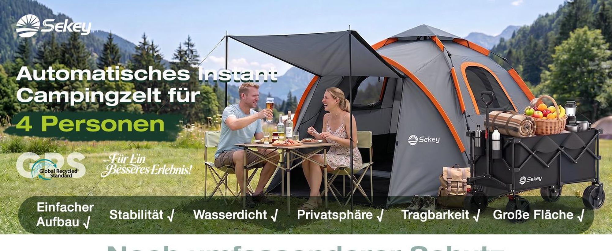 Sekey Kuppelzelt 4 Personen mit Vorzelt & Markise, Pop Up Campingzelt, Wasserdicht PU3000 mm, UPF 50+, Familienzelt