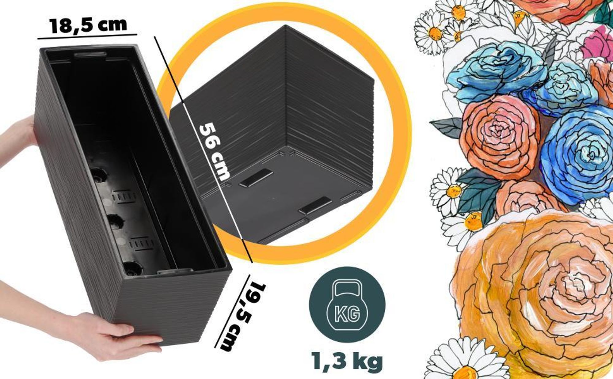 KADAX Blumentopf mit Einsatz "Treviso", 56 cm, Blumenkübel Outdoor, Ritzmuster, Grafit