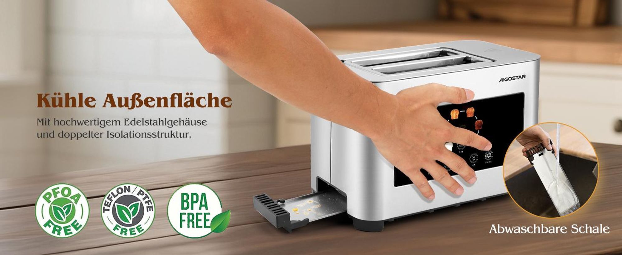 Aigostar - Toaster 2 Scheiben, 6 Bräunungsstufen, LED-Touchscreen, 4 cm extra breite Toastschlitze & Brotzentrierung, Edelstahl, 850W