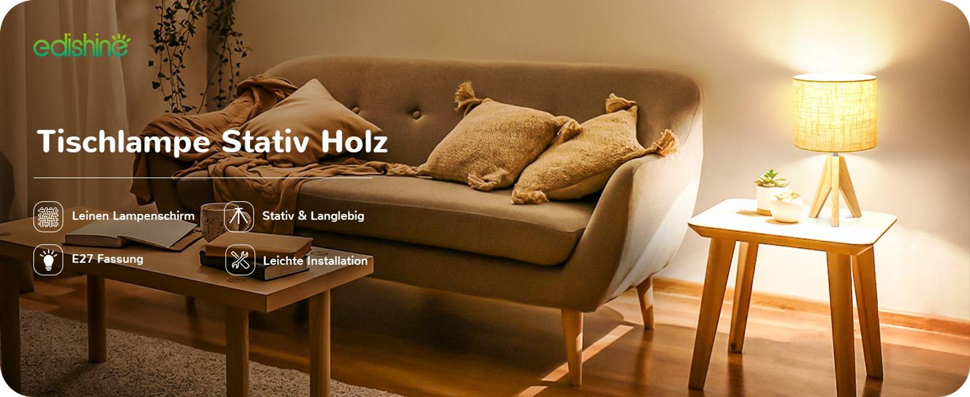EDISHINE Nachttischlampe Tischlampe Holz, E27 Fassung, für modern Deko Schlafzimmer, Wohnzimmer, Nachttisch