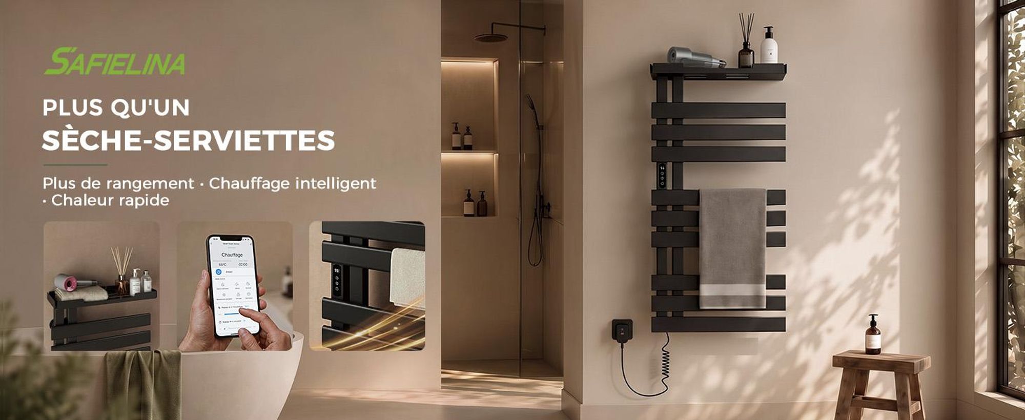 S'AFIELINA Sèche-serviettes électrique avec étagère  1050×500 mm 335 W Noir,Radiateur sèche-serviettes connecté WiFi, chauffage en fibre de carbone