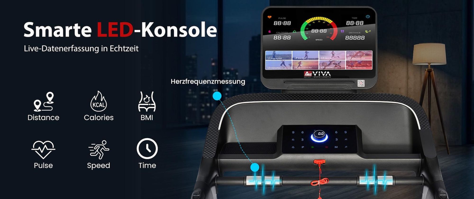 Laufband klappbar AsVIVA T20 Heimtrainer bis 18 km/h leise stabil mit großer Lauffläche App-kompatibel für Zuhause