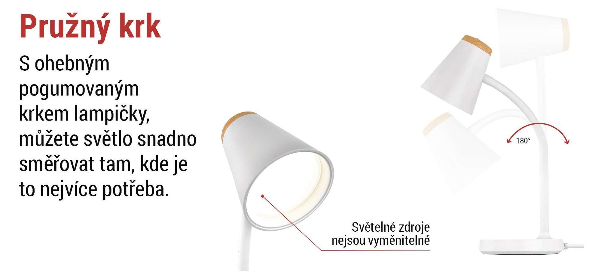 EMOS LED stolní lampa TARA 4,5 W, 280 lm, neutrální bílá 4000K, flexibilní s kabelem 1,6 m, Euro zástrčka, CRI>85, doba svícení 30000h, bílá, Z7641W