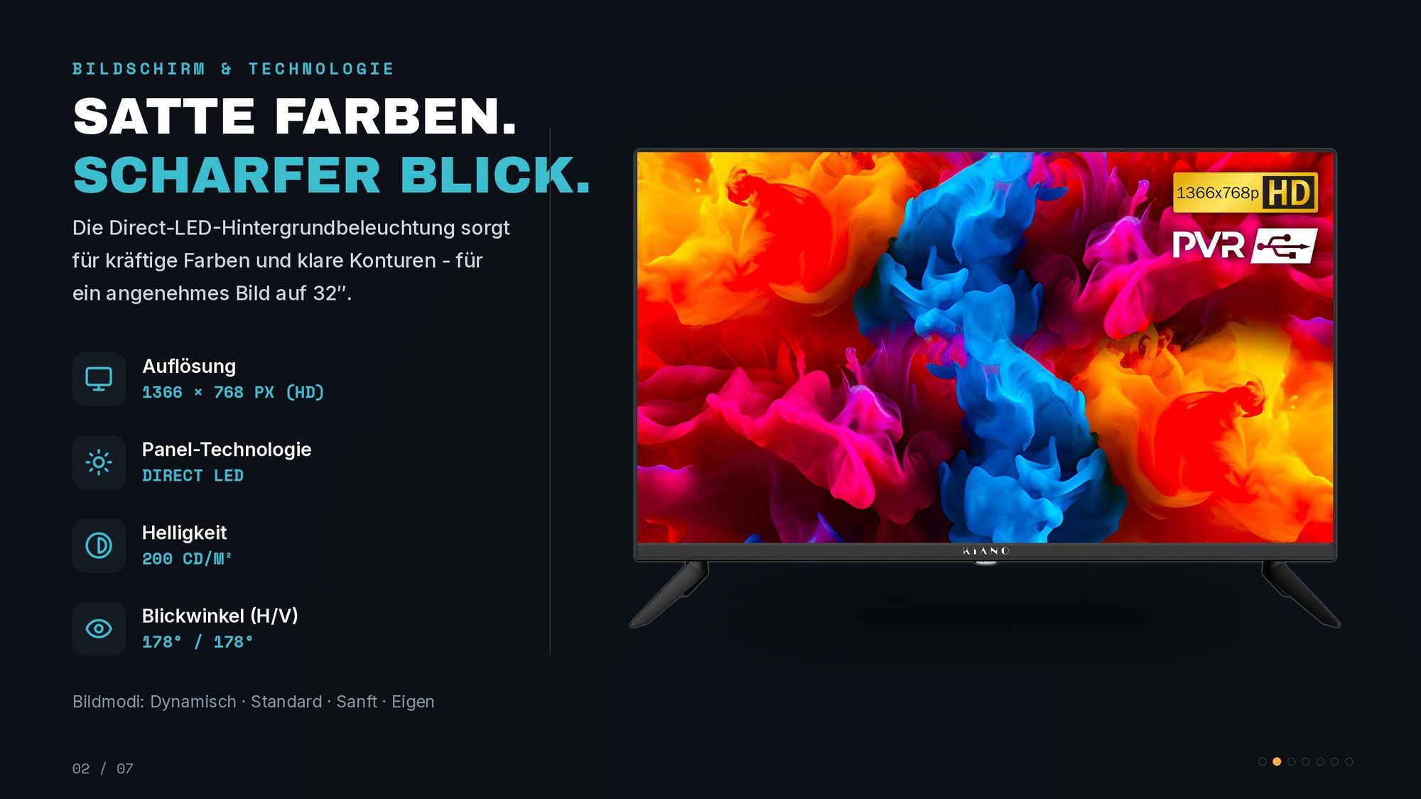 Kiano Fernseher 32 Zoll (81,3 cm) LED HD Ready - DVB-T2/S2 - PVR USB Aufnahme - Dolby Digital Plus - 3x HDMI - VESA 100x100 - ohne Smart TV
