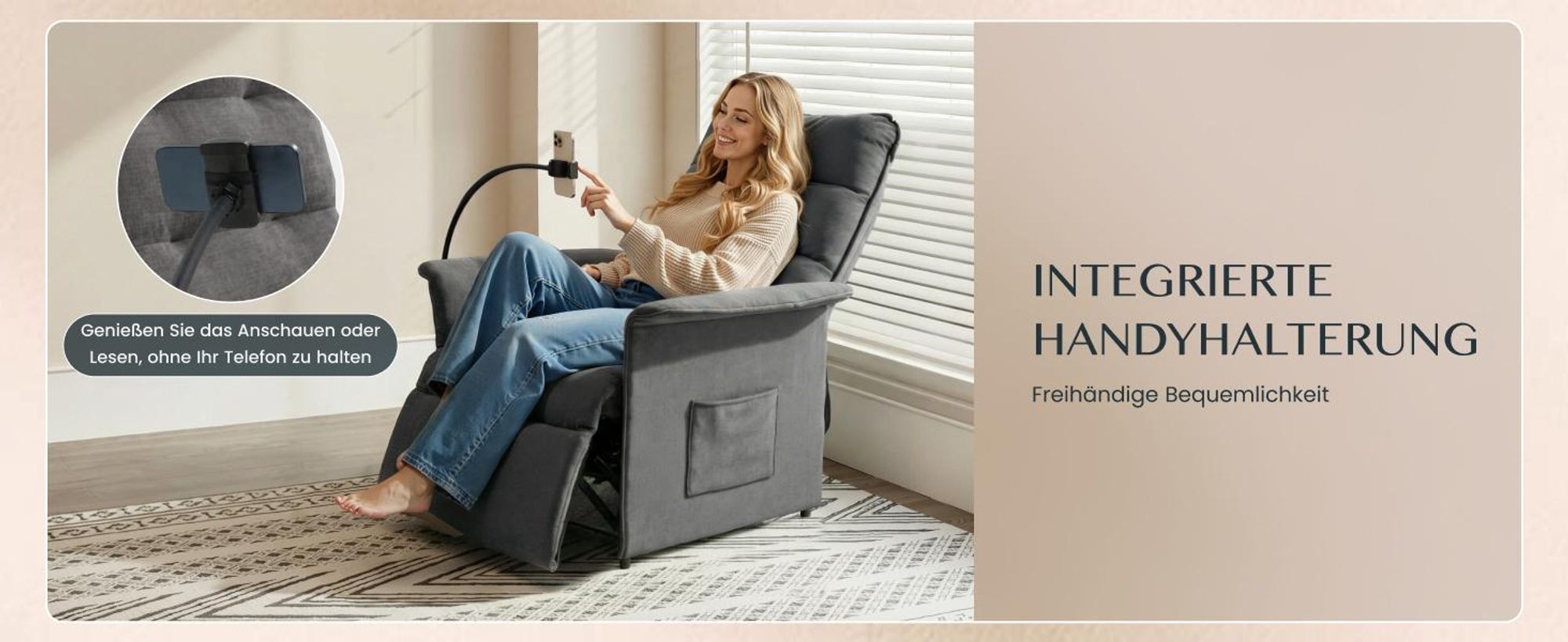 FLEXISPOT Elektrischer Relaxsessel mit Handyhalterung, ergonomischer Liegesessel mit Liegefunktion, Fernsehsessel bis 200kg belastbar, Dunkelgrau