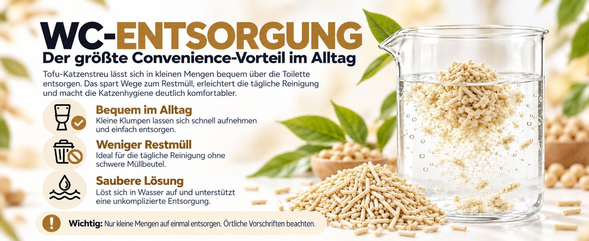 Wasserlösliches Tofu Katzenstreu Natur zur Entsorgung kleiner Mengen über die Toilette