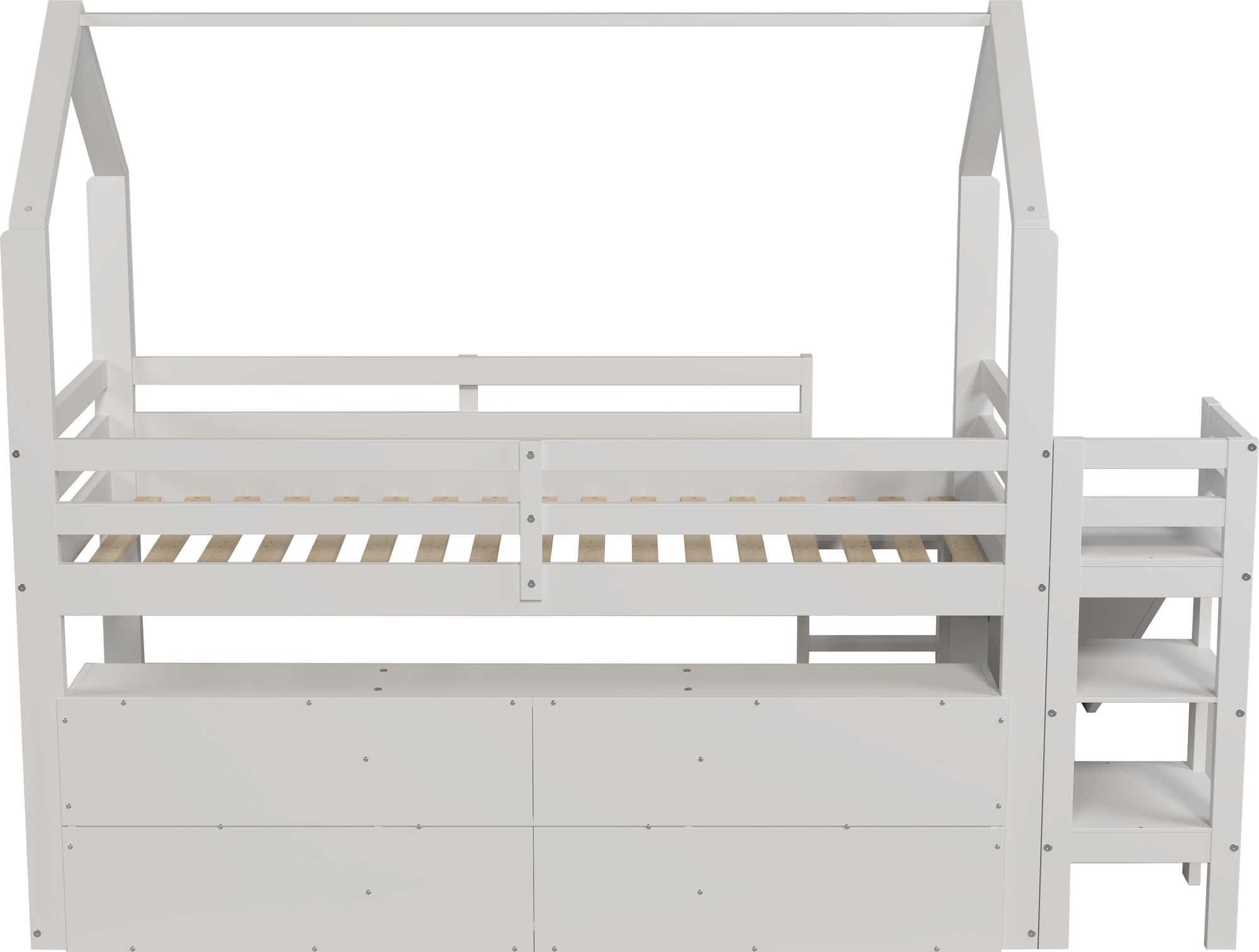 Flieks Etagenbett 90x200cm mit Schrank, Kinderbett Hausbett mit Rutsche, Hochbett Stockbett mit Rausfallschutz & Lattenrost, Holzbett Einzelbett, Weiß