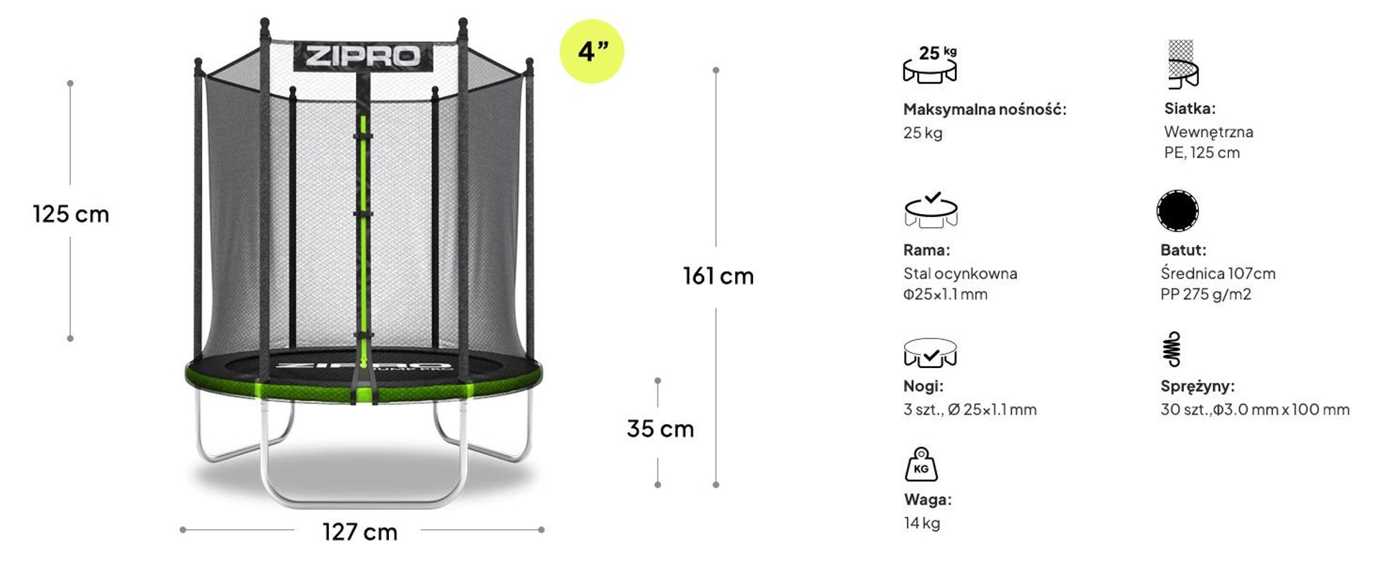 Trampolina ZIPRO Jump Pro Out | 4FT (Ø 127 cm) | Trampolina ogrodowa dla dzieci – kompletny zestaw z siatką zabezpieczającą, osłoną krawędzi, do użytku na zewnątrz, kolor zielony