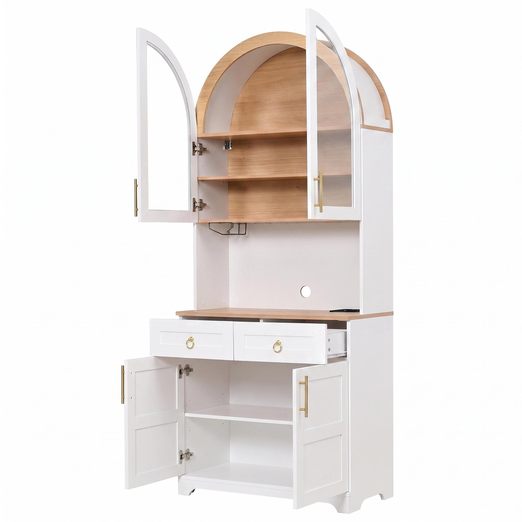 Flieks Bogen-Hochschrank mit Arbeitsfläche, Glasvitrine mit Schubladen und Türen, LED-Beleuchtung, integrierte Steckdose & USB, Weiß, PB+MDF