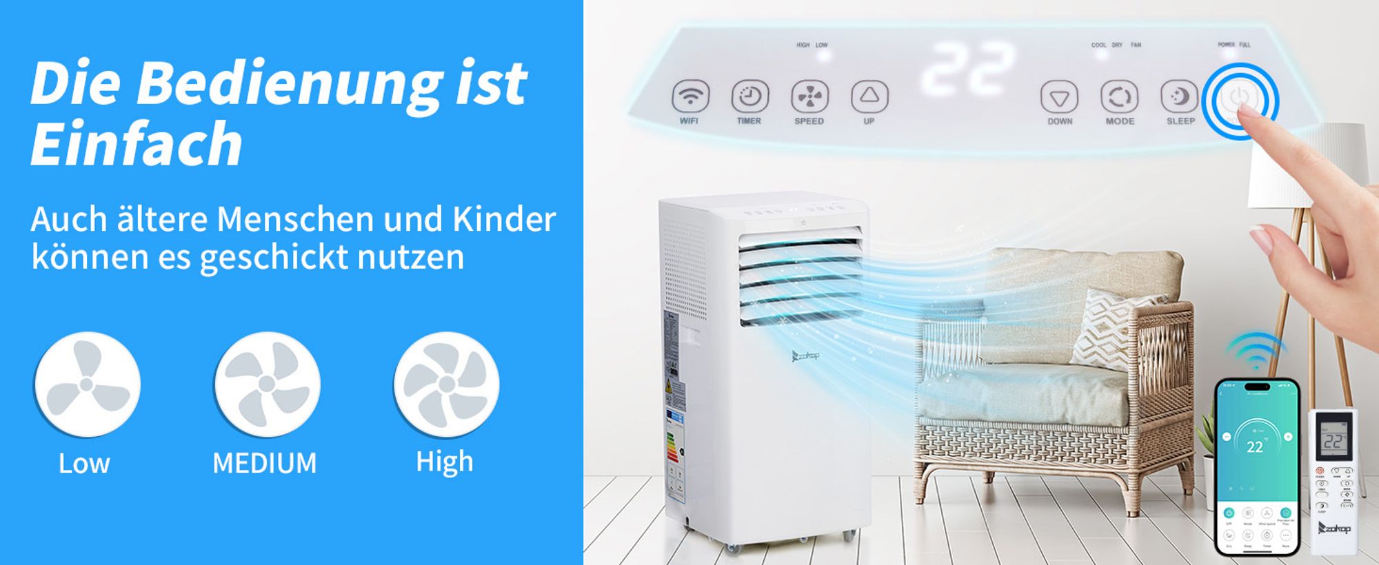 LEADZM Mobiles Klimagerät 12000 BTU/h ,Luftstrom: 400m³/h mit Abluftschlauch mit WIFI tragbare Klimaanlage