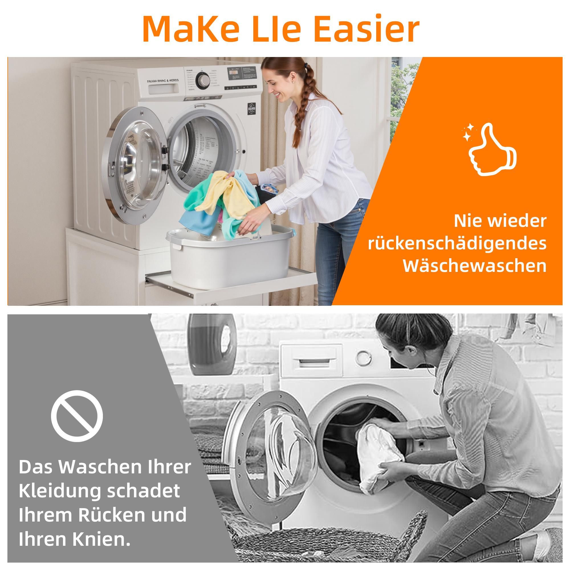 Waschmaschinensockel mit Ausziehregal – Stabiler Unterbau für Waschmaschine & Trockner, Metall & MDF, bis 318 kg, mit Ablaufwanne, 63 × 54 × 50 cm