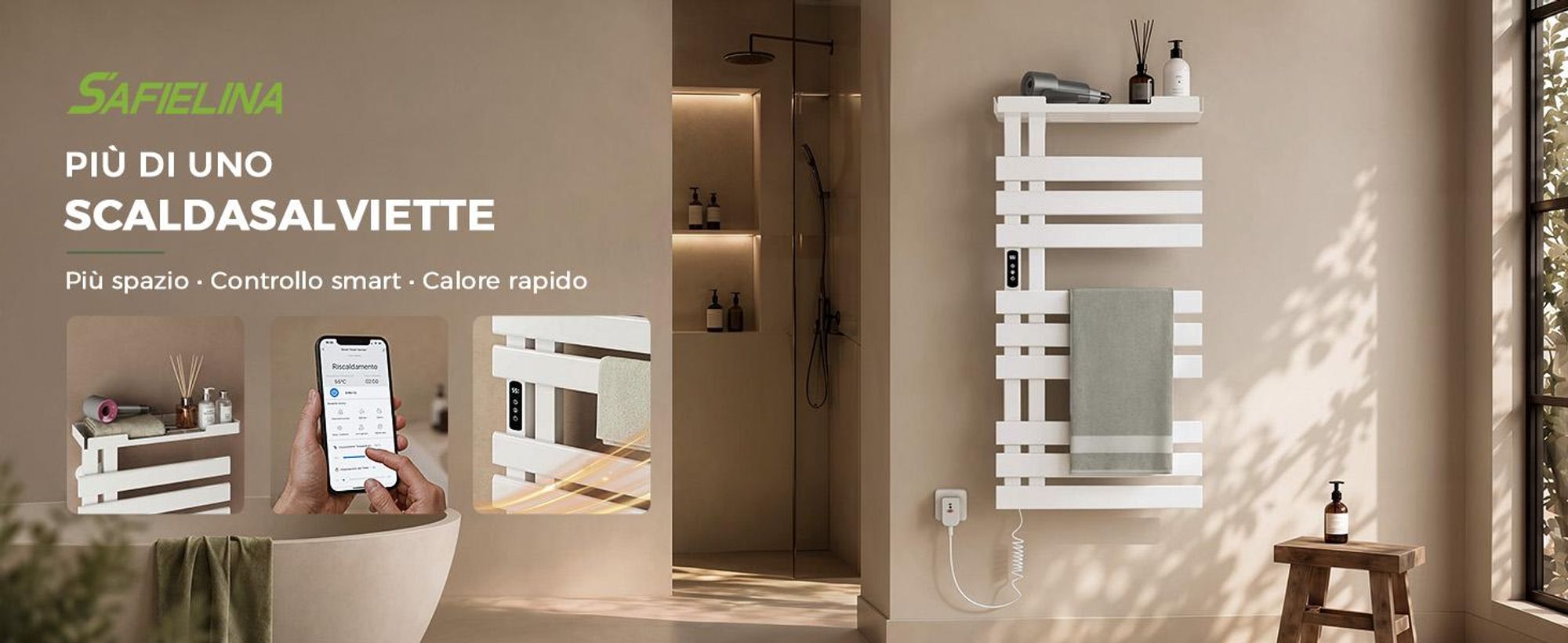 S'AFIELINA Scaldasalviette Elettrico con Ripiano 1050×500 mm 335 W Bianco,Termoarredo WiFi, Riscaldamento in Fibra di Carbonio, 6 Modalità