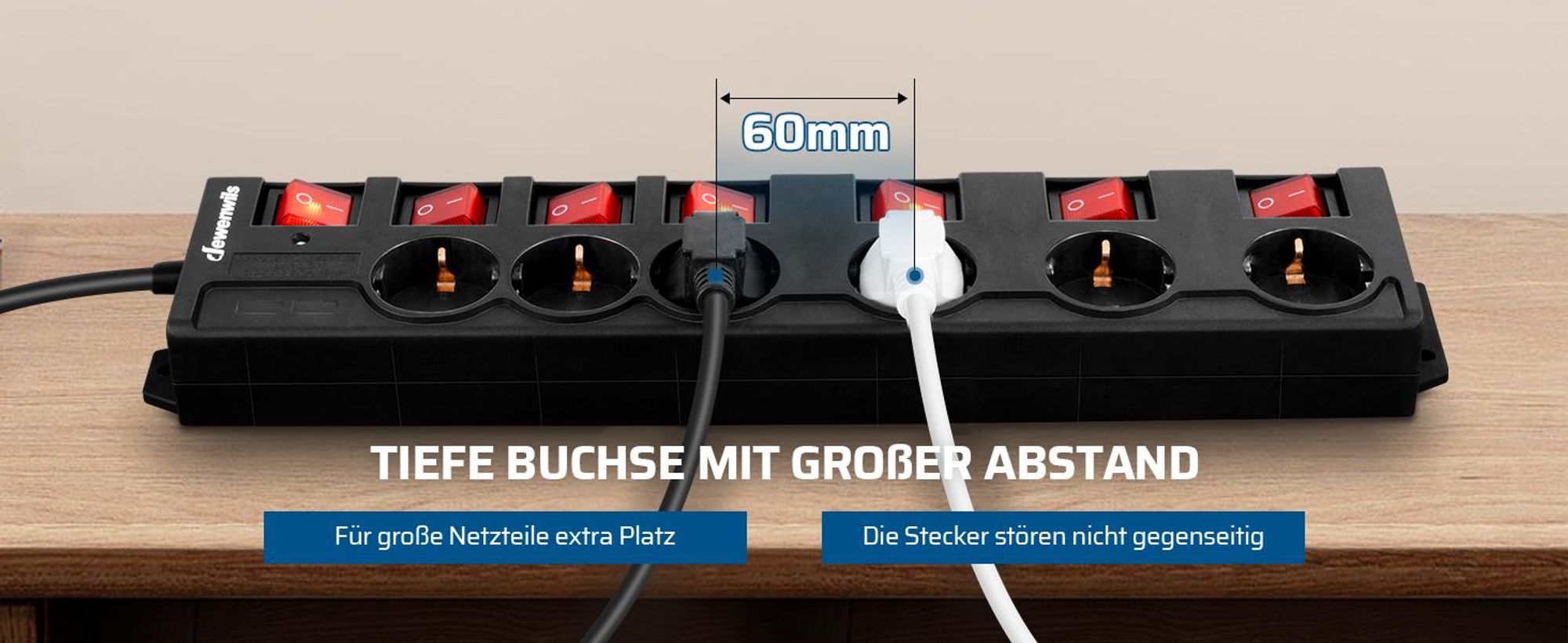 DEWENWILS 2M Steckdosenleiste Einzeln Schaltbar, Mehrfachsteckdose 6 Fach,3680W