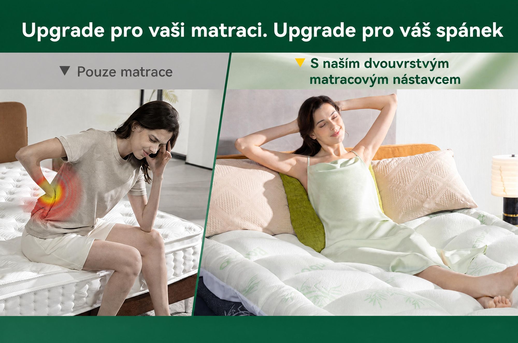 NicePlus, vrchní matrace 2 v 1, 90x200x7 cm, pěna s paměťovou vlastností (5 zón) + vrchní vrstva z bambusu, s gumovými rohy pro všechny typy matrací, tvrdost H2/H3, zelená barva