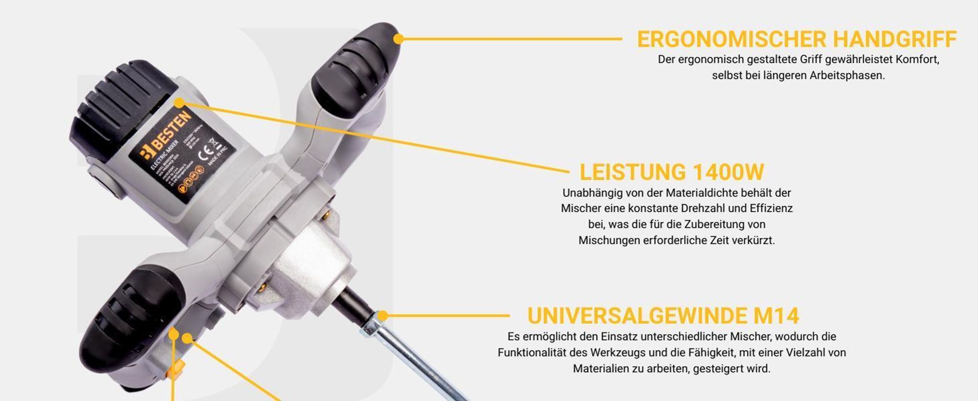 Mischer für Kleber Beton Mörtel Gips elektrisch Betonmischer 1400W +2 Rührwerke