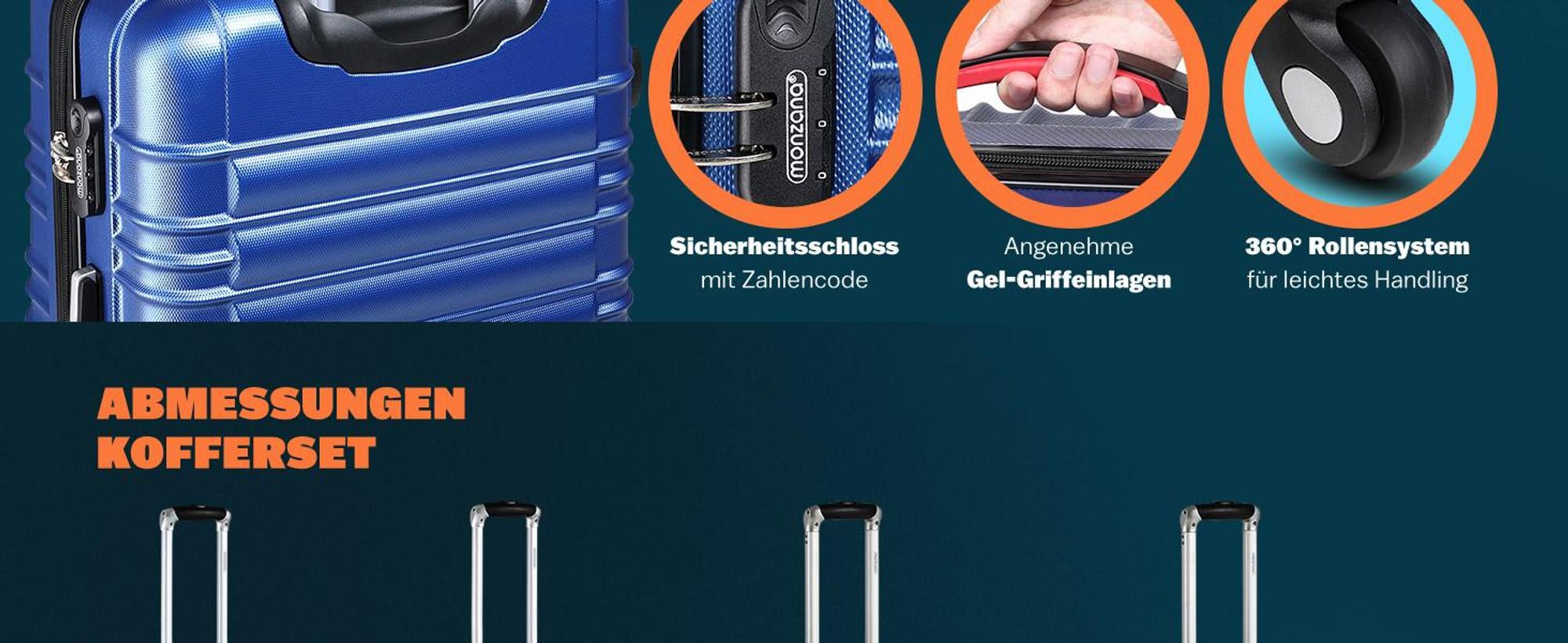 MONZANA® Kofferset 4tlg Hartschalen Koffer S-M-L-XL Gel-Griffe 4 Rollen ABS Hardcase Schloss Füße Trolley Rollkoffer Reisekoffer Set Navy
