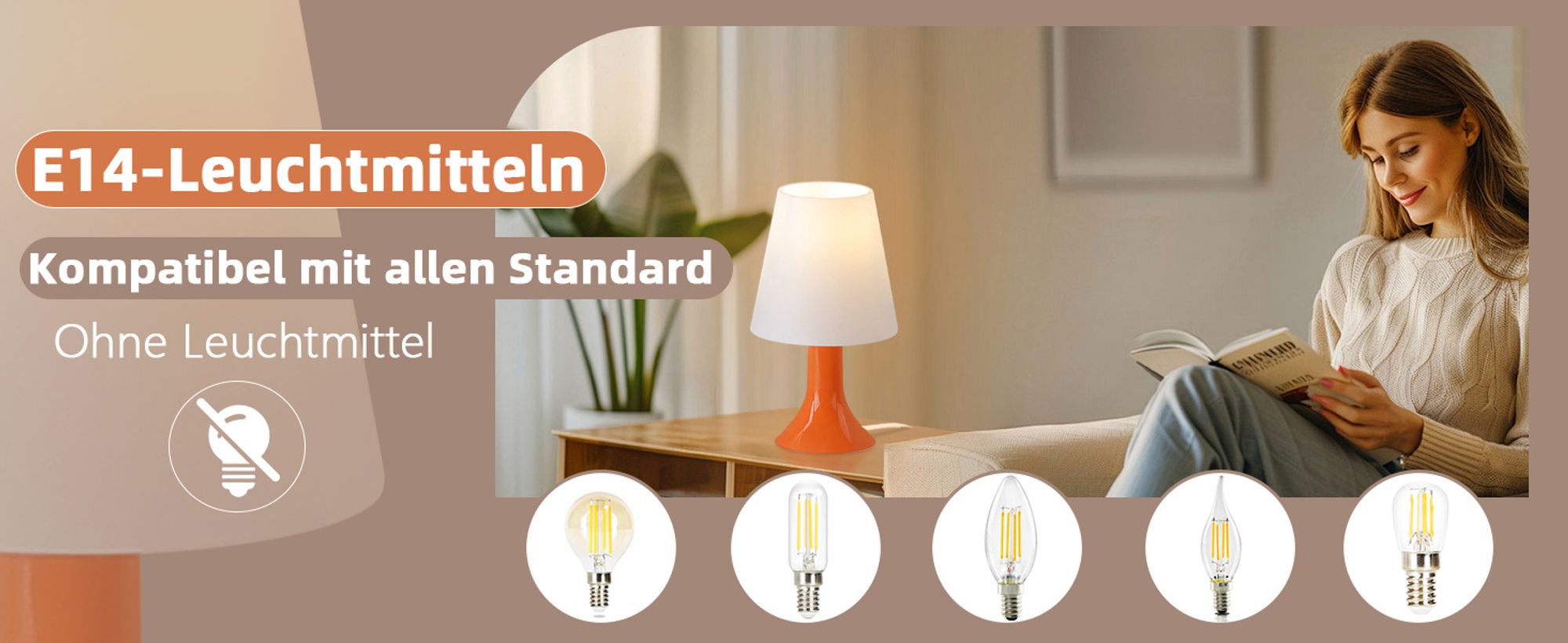 ZMH Tischlampe mit Kabel Nachttischlampe 2er Set orange Tischleuchte E14  Wohnzimmer Tischlampen Moderne Landhausstil für Esstisch Schlafzimmer