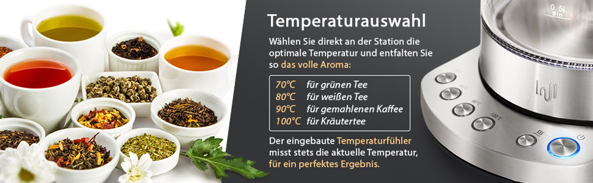 Impolio Glas Wasserkocher 1,7 Liter mit Temperatureinstellung | Teesieb & Aufsatz | Serie " Kand"