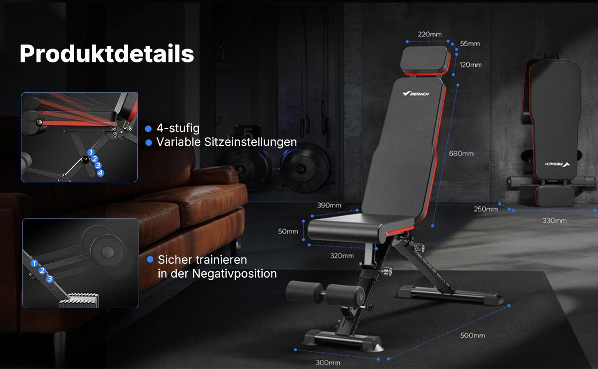 Hantelbank klappbar, 450 kg belastbar, 9-fach verstellbare Rückenlehne, verstellbare Flach- und Schrägbank fürs Home Gym Merach, rutschfest