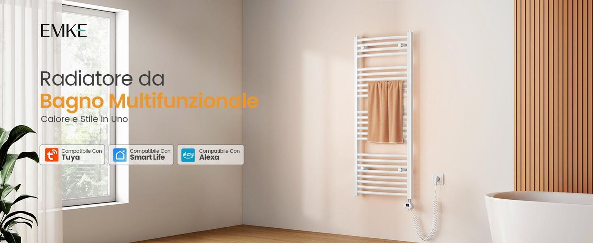 EMKE Radiatore da bagno elettrico curvato Scaldasalviette 600W Controllo Wi-Fi Termostato intelligente 120X60cm Bianco Scaldasalviette