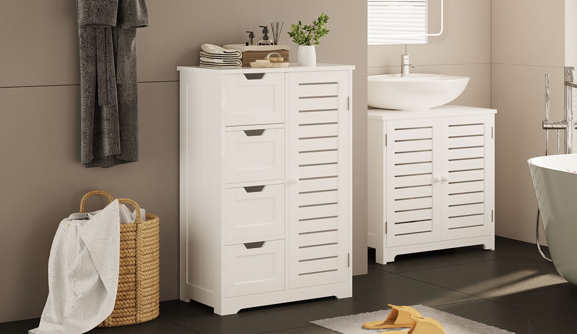 Mondeer Badezimmerschrank Badkommode verstellbare Ablage mit 4 Schubladen 56 x 30 x 82,5cm Sideboard Küchenschrank