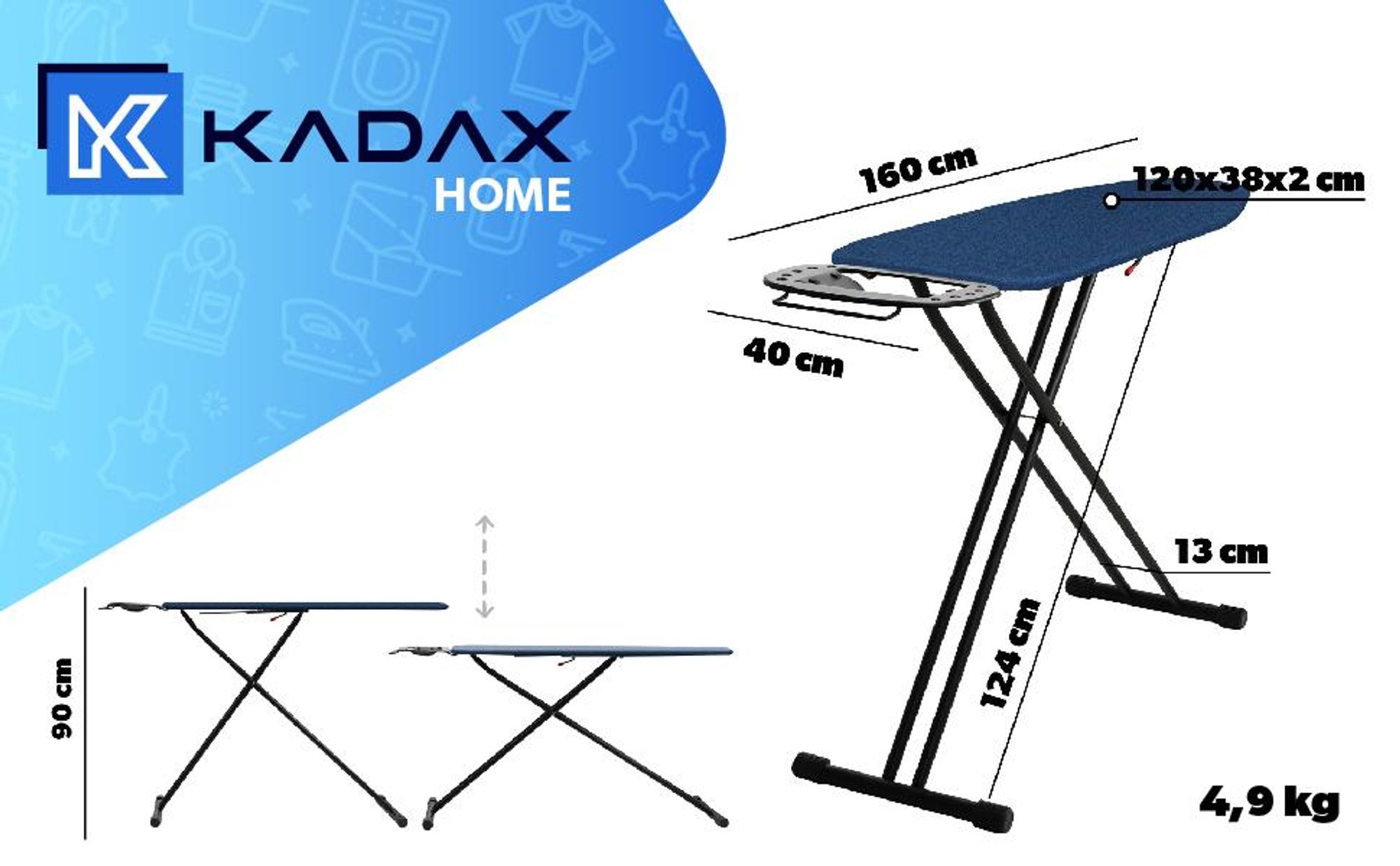 KADAX klappbares Bügelbrett, groß, 120 x 38 cm breit, Standard mit Griff