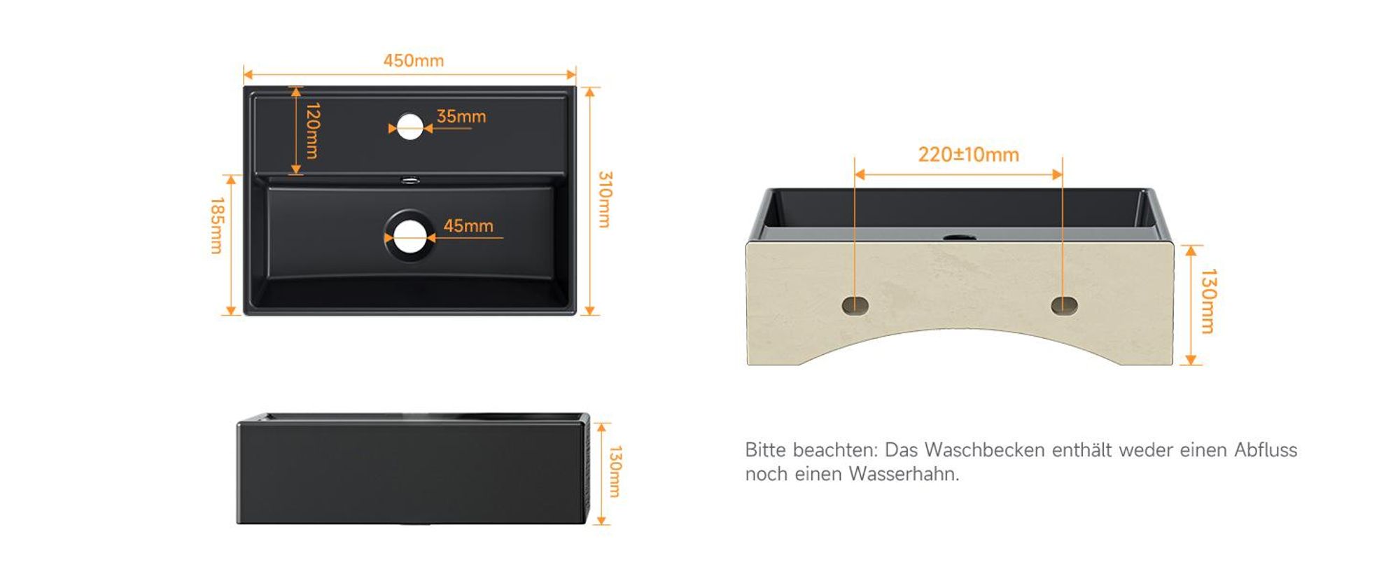 HOROW Wandmontage Waschbecken Bad Hänge- oder Aufsatzwaschtisch Weiß oder Schwarz Aufsatzwaschbecken mit Hahnloch klein 45x31cm