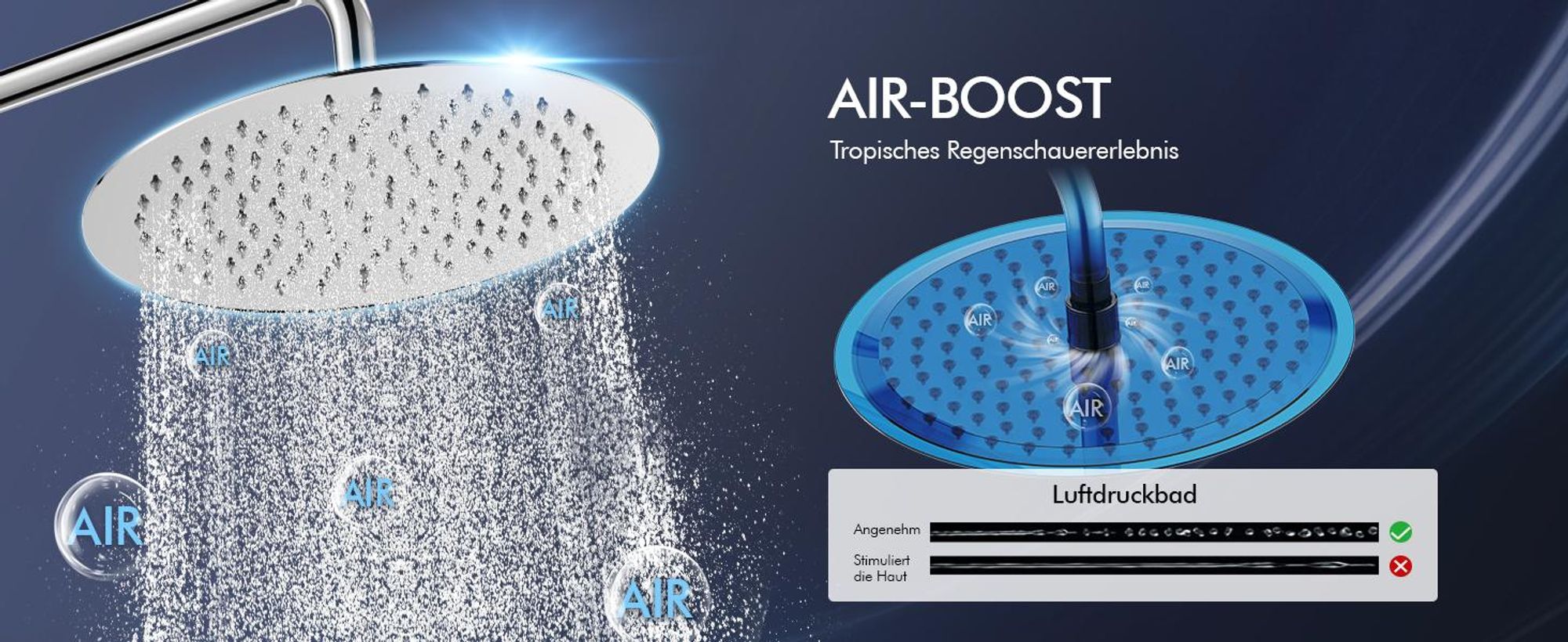Duschsystem mit Thermostat und Glasablage, Brausegarnitur 3 Wasserausgabemodi, 12 Zoll Regendusche, Chrom