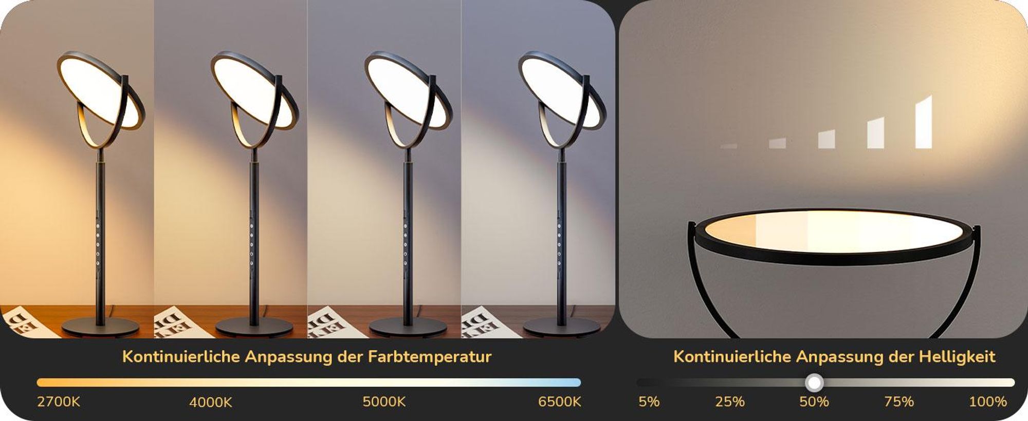 EDISHINE LED Nachttischlampe Touch dimmbar, 300° drehbares LED-Panel,Tischlampe mit Timer