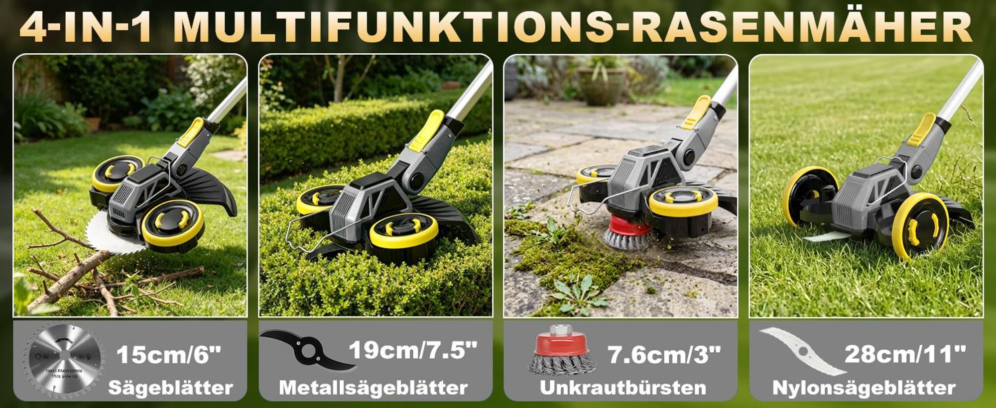 Akku Rasentrimmer, 4in1 Rasenkantenschneider, mit 2× 4000mAh Akku, kompatibel mit Makita-Akkus, Bürstenloser Motor, Gartengerate mit Unkrautbürste