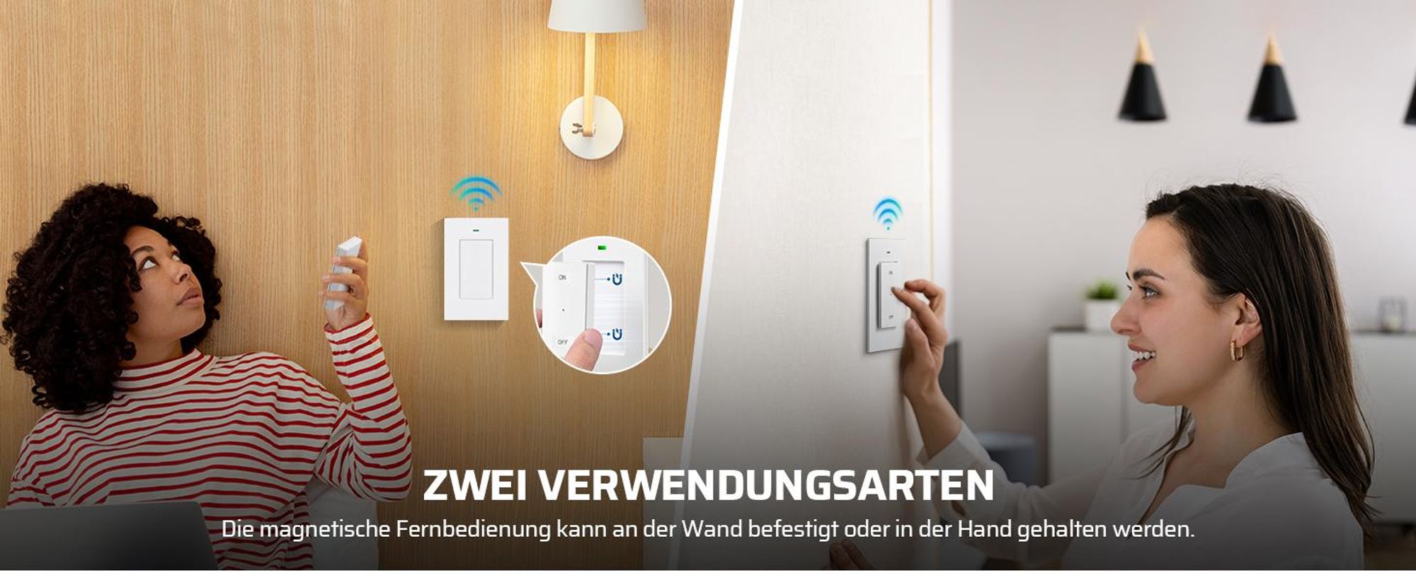 DEWENWILS Funkschalter 2er Set, Wandschalter, Funk Wandsender Licht 3000W, weiß