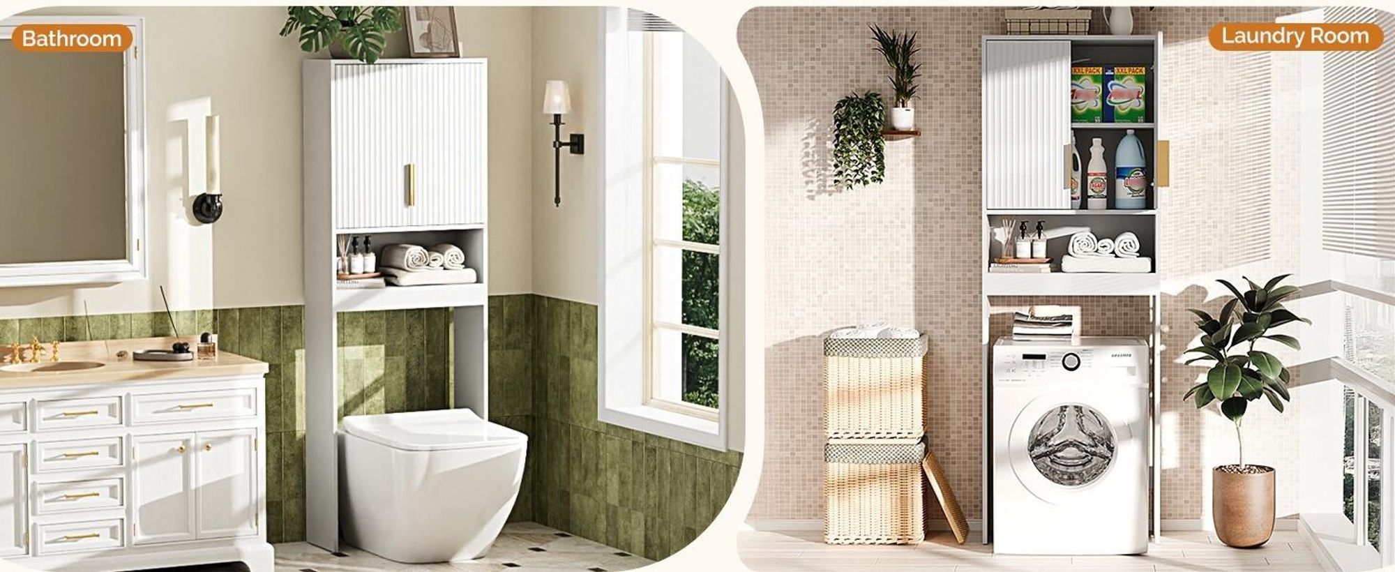 FCH WC Regal über Kleine Waschmaschine Toilette, mit 2 Türen, Verstellbarer Ablage, 60.5 x 25 x 173 cm, Weiß