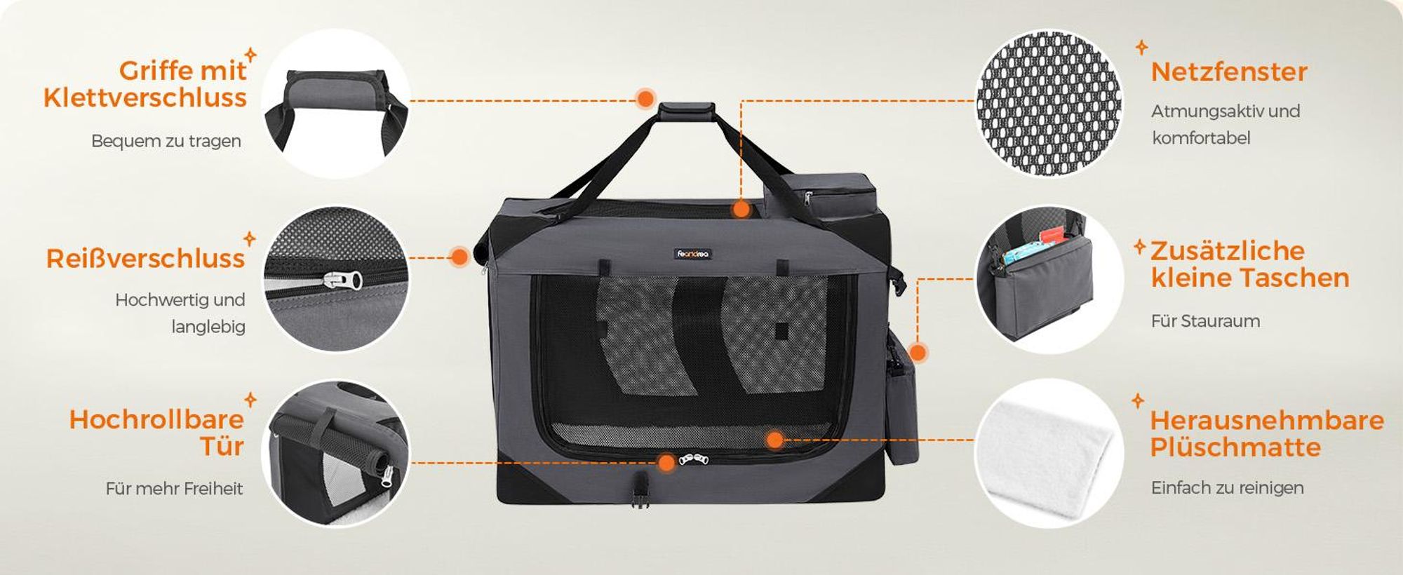 Feandrea L Transportbox faltbar Oxford-Gewebe,Netzstoff,atmungsaktiv,Grau