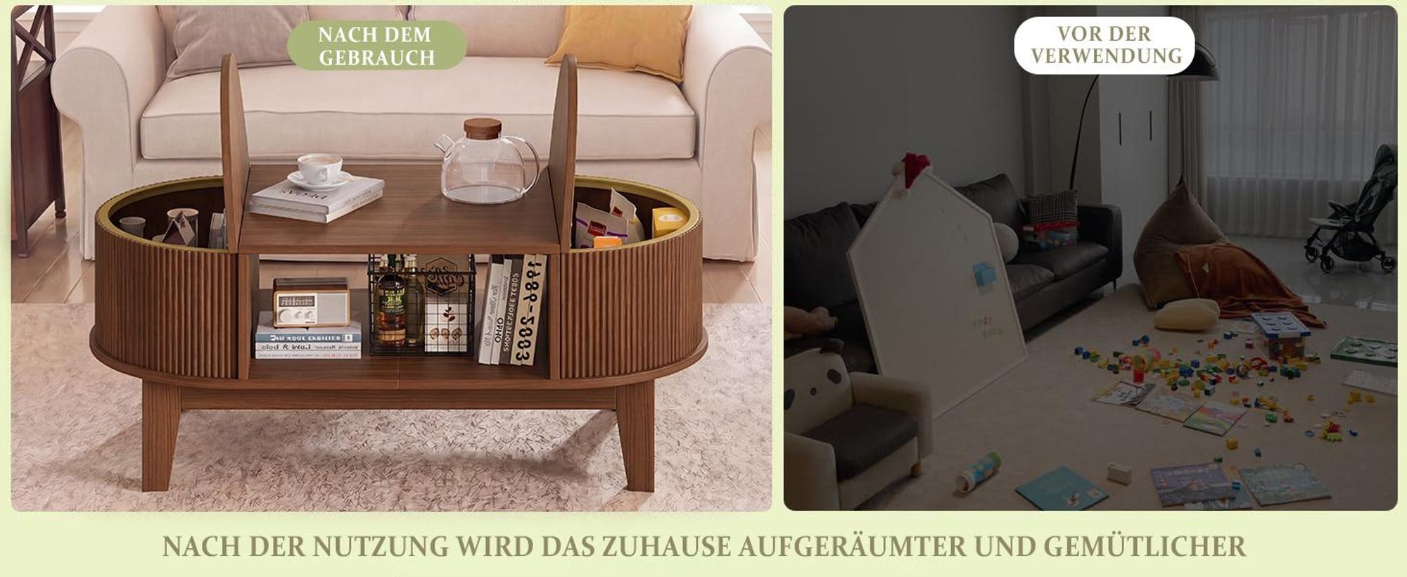 INONEFT Couchtisch mit verstecktem Stauraum, beistelltisch,wohnzimmertisch,Sofatisch mit MDF & Holzbeine, Walnuss