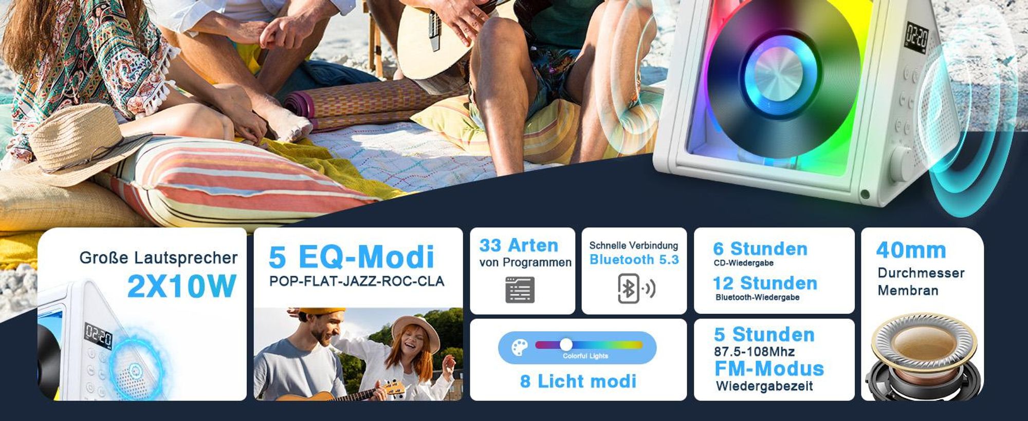 CD Player, Bluetooth CD-Player, FM Radio mit Stereoanlage und Bluetooth 5.3, USB, AUX, Fernbedienung, 2 * 10W-HiFi-Sound-Lautsprecher, RGB-Farbige