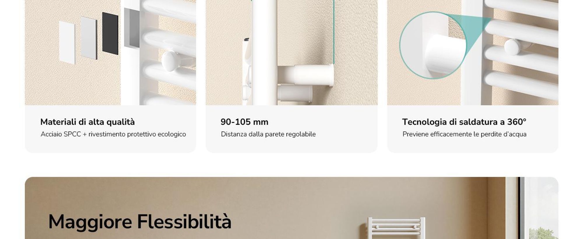 EMKE Radiatore da bagno Asciugamano Scaldasalviette 50x160cm 654 Watt Bianco Radiatore da bagno Attacco centrale senza elemento riscaldante