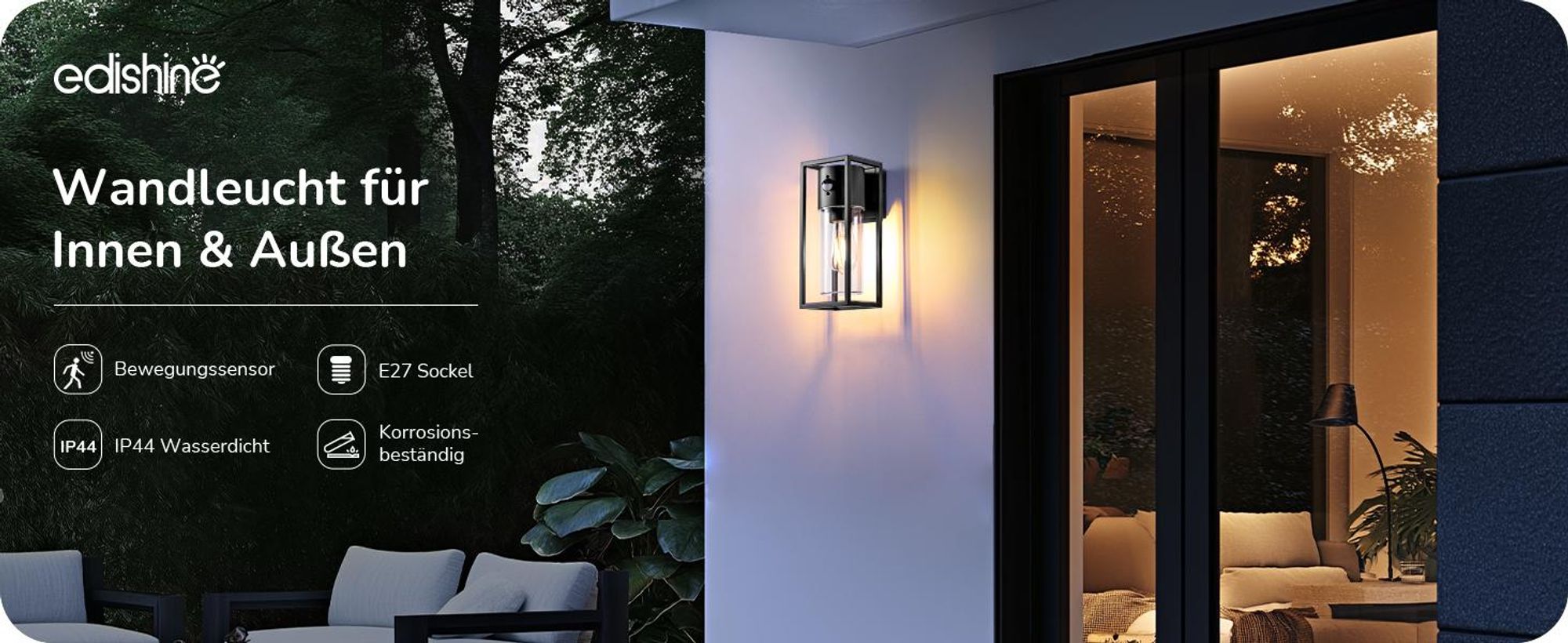 EDISHINE Wandlampe mit Bewegungsmelder, Moderne Wandleuchte Innen/Außen, Schwarz