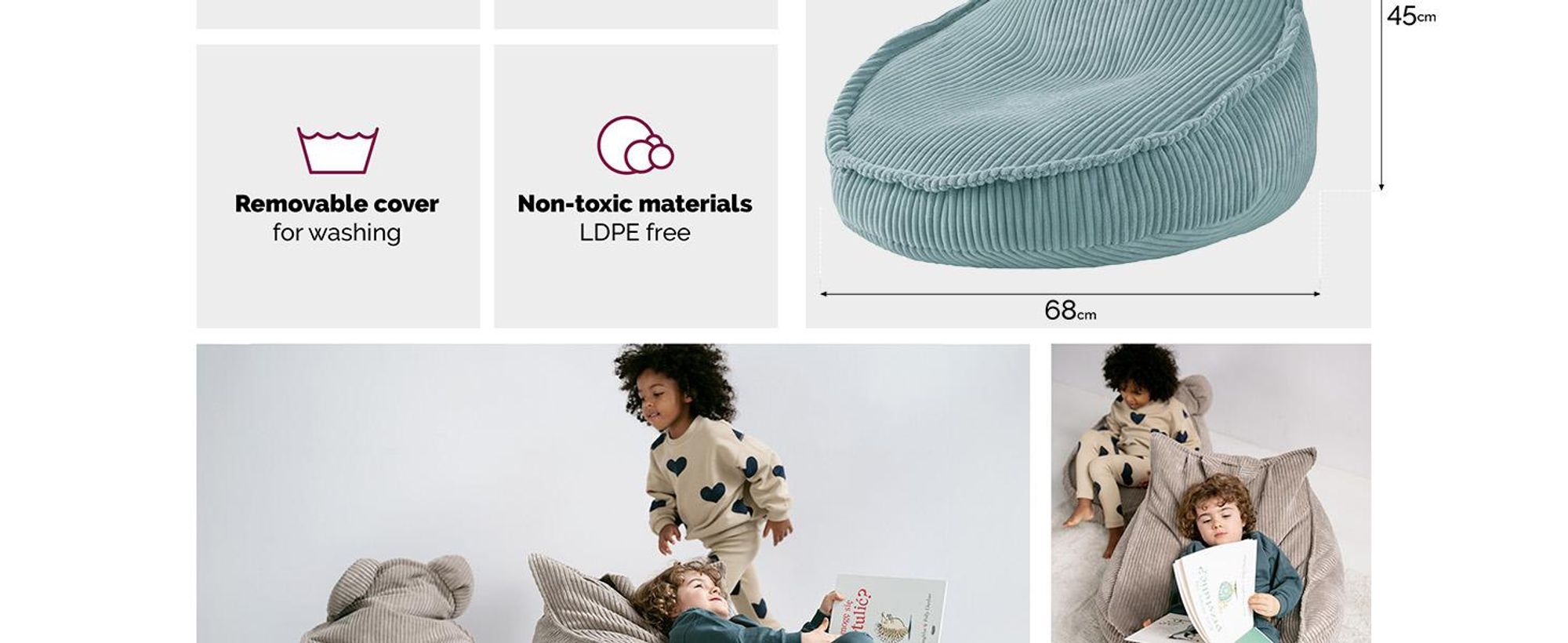 MISIOO Beanbag Puf pre deti - Medvedík Huggy - Detské kreslo - Zamatový puf z manšestru - Ideálny do detskej izby - Ľahko umývateľný - Modrý