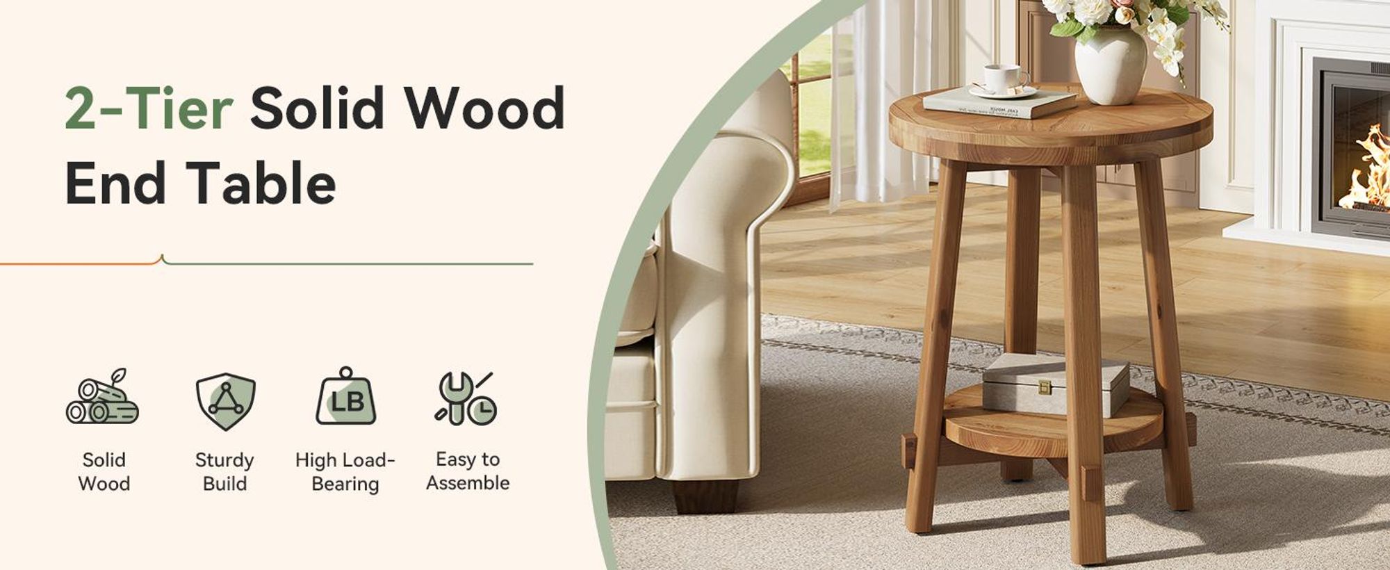 Beistelltisch, Couchtisch aus Massivholz, kleiner runder Nachttisch mit 2 Ablageflächen, Sofatisch im Landhausstil aus Holz für Räume, Schlafzimmer